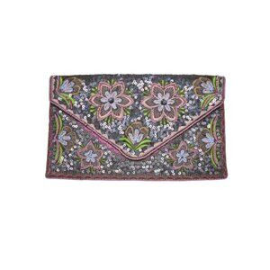 Clements Ribeiro Sequin Beaded Envelope Purse Pink Silver Floral Crossbody
